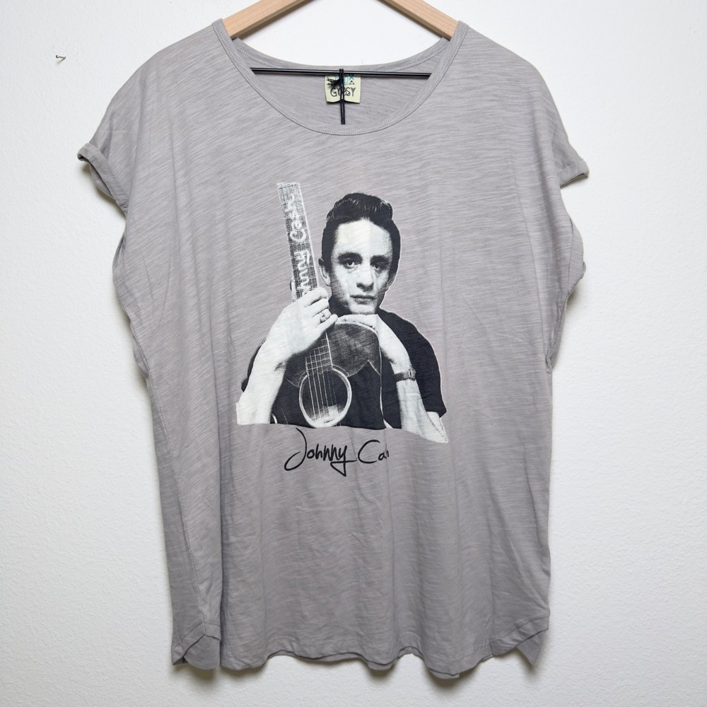 NEW Jaded Gypsy Women Johnny Cash Graphic Tee Shirt L/XL Gray Slub Knit Short